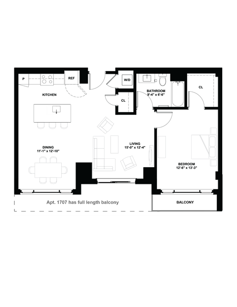 Floor plan for 1 bed, 1 bath, 891 sqft